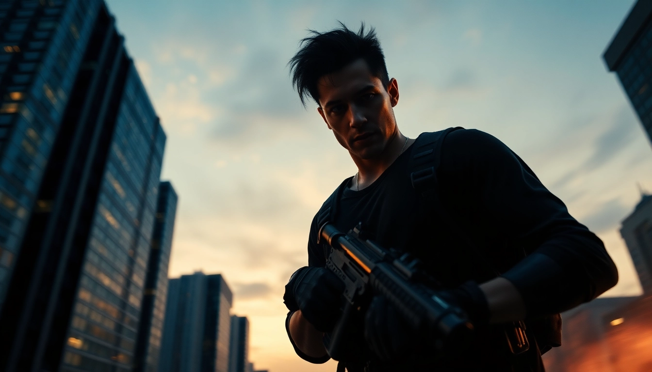 Action scene of a hero reminiscent of Like Reacher in an urban setting with dramatic lighting.