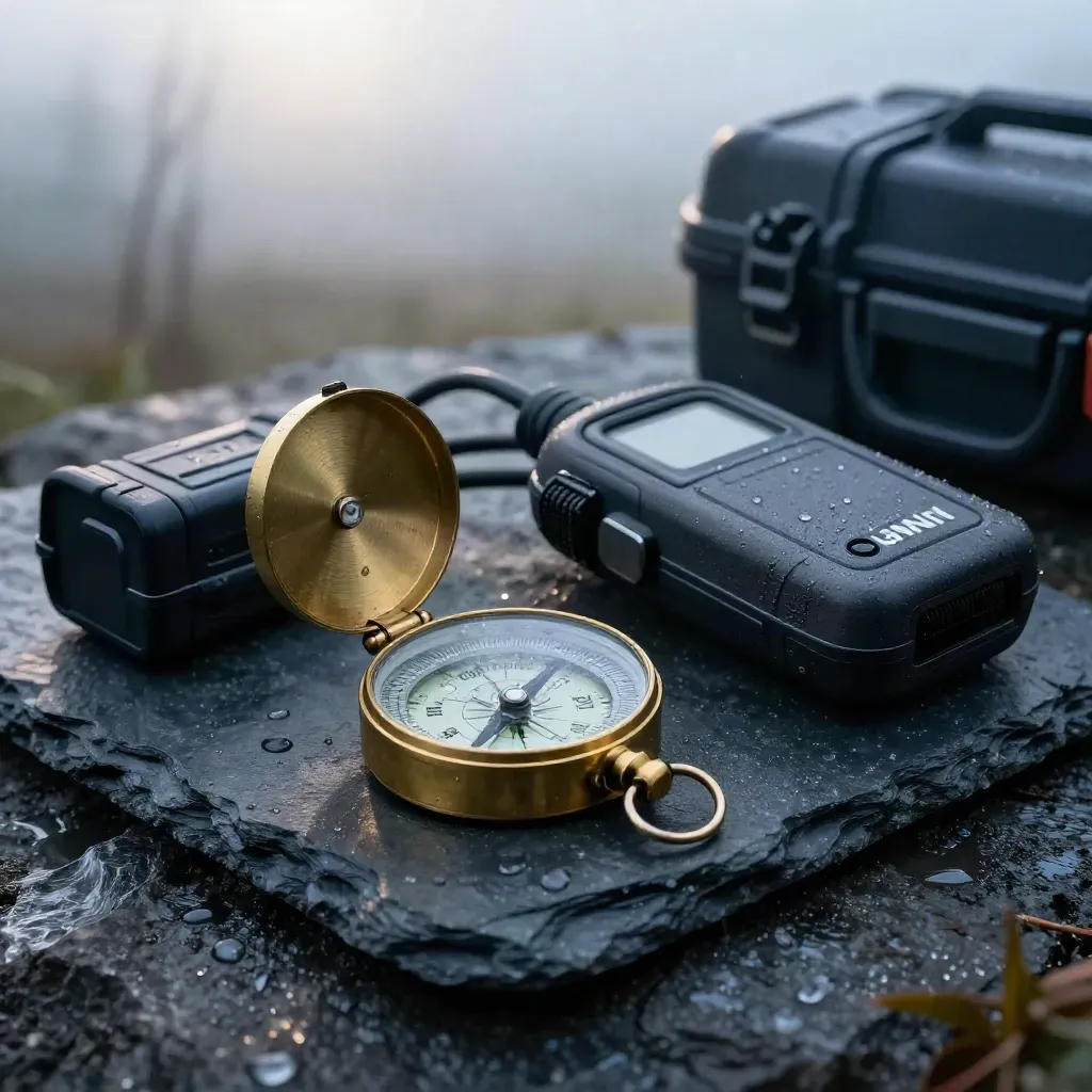 Brass survey compass and GNSS field kit on wet slate with mist