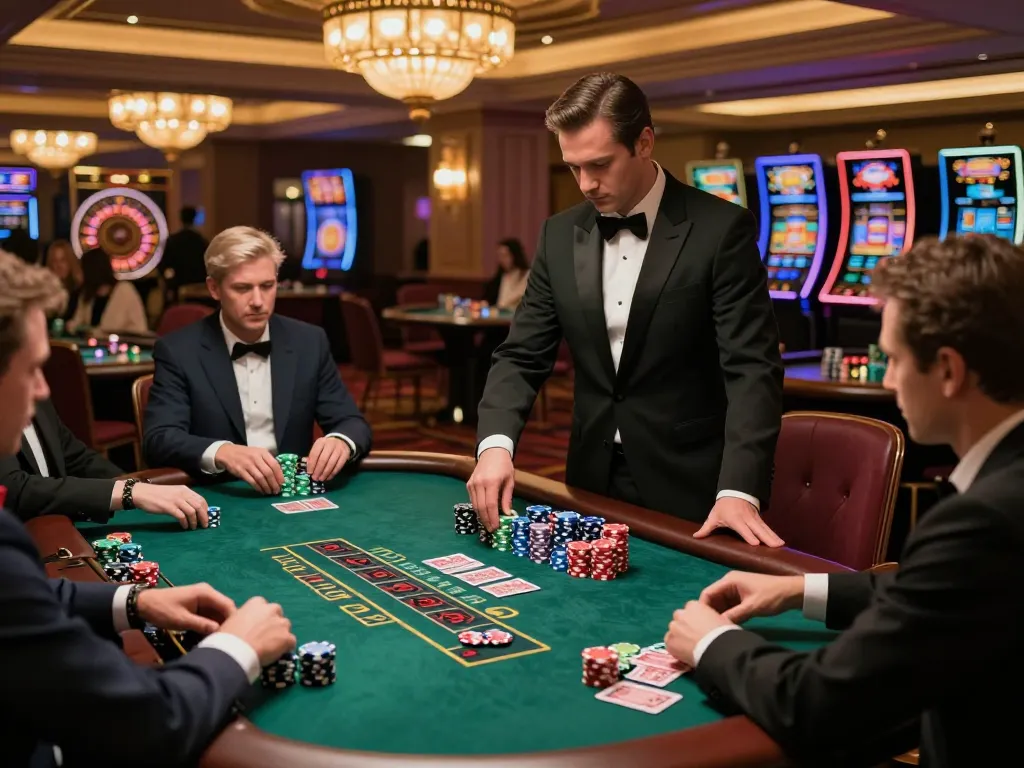 Engaged players strategizing at cm88-t1 blackjack table in upscale casino setting.