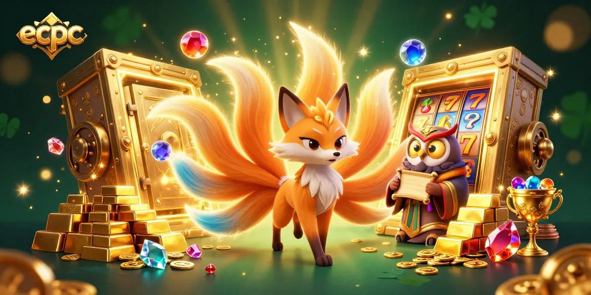 Engage with ecpc's exciting nine-tailed fox spirit amidst glowing treasures and vibrant slot features.