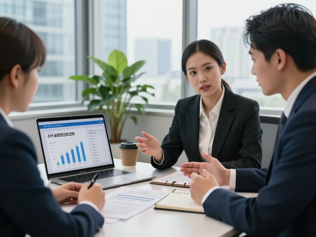 Client consultation about 소액결제현금화 in modern office with financial charts.