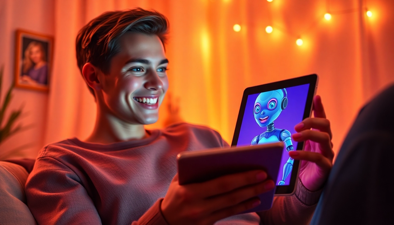 Engaging ai chat sex experience with a friendly AI character on a tablet.