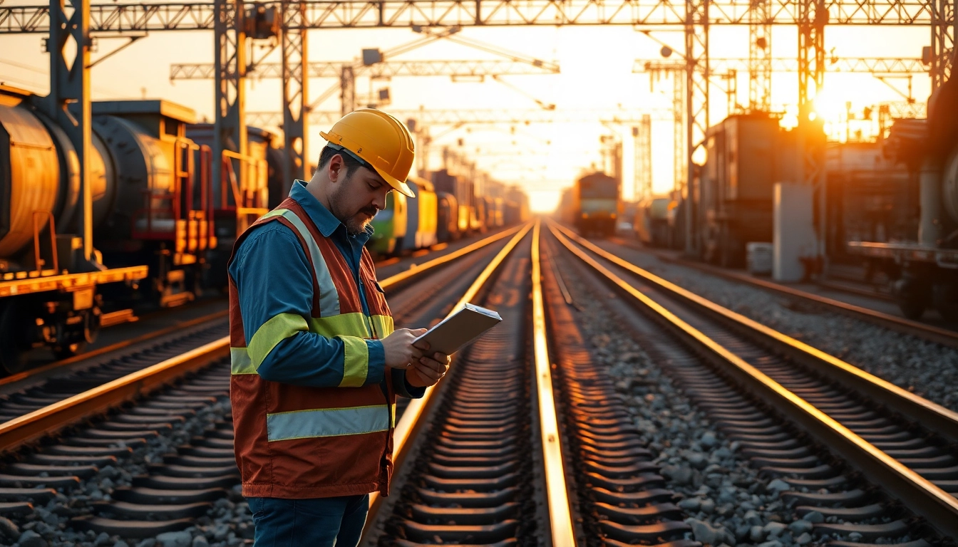 Track Inspectors Near Me evaluating railway tracks with specialized equipment in a rail yard.