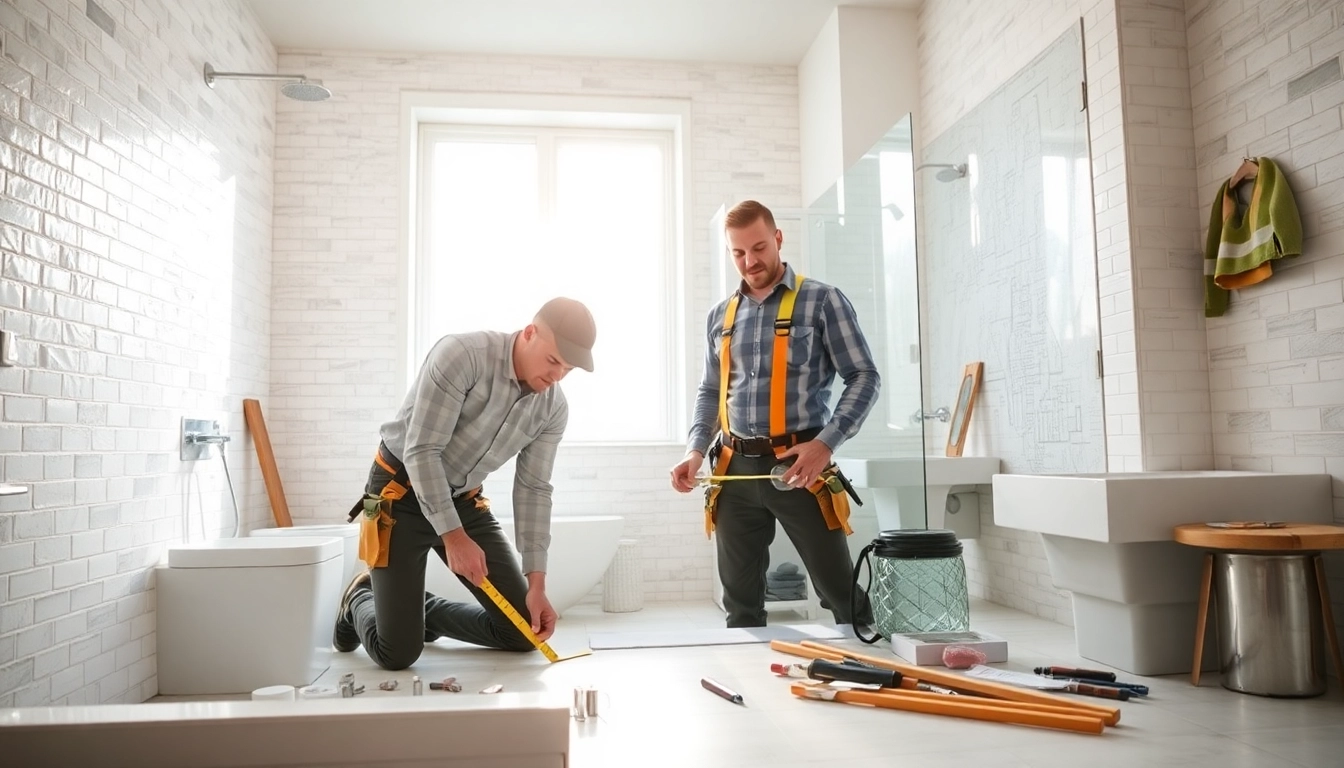 Bathroom renovation contractors near me working on a stylish bathroom project.