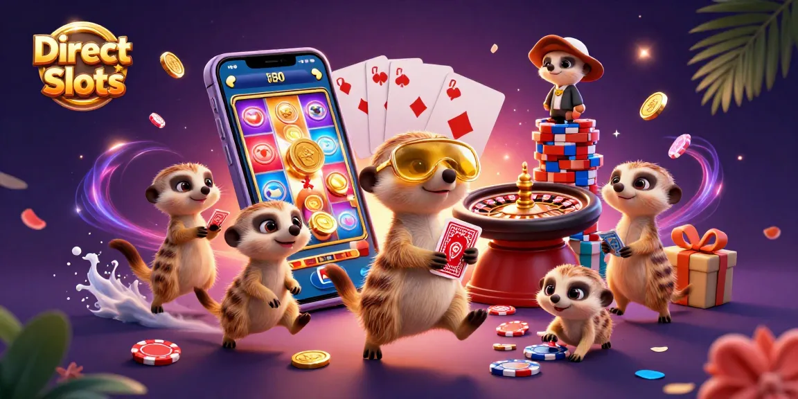 Experience thrilling Direct Web Slots with energetic meerkats managing a colorful casino scene full of excitement.