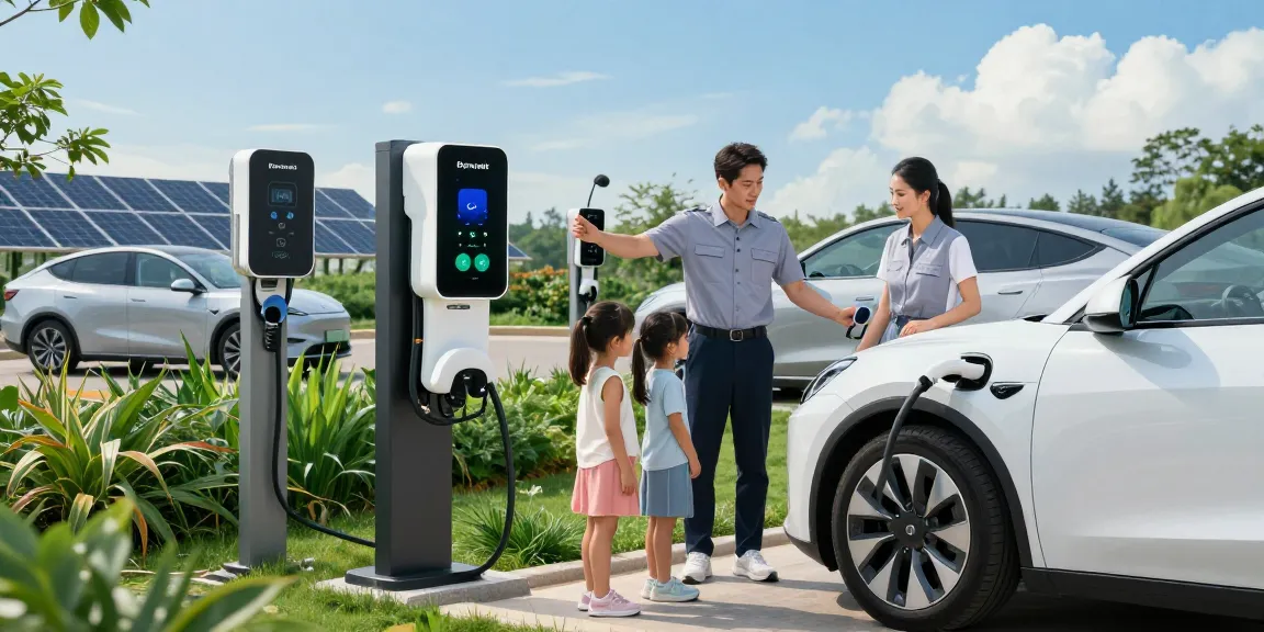 Portable ev charger supplier showcasing family-friendly EV charging station with diverse vehicles and technician support.