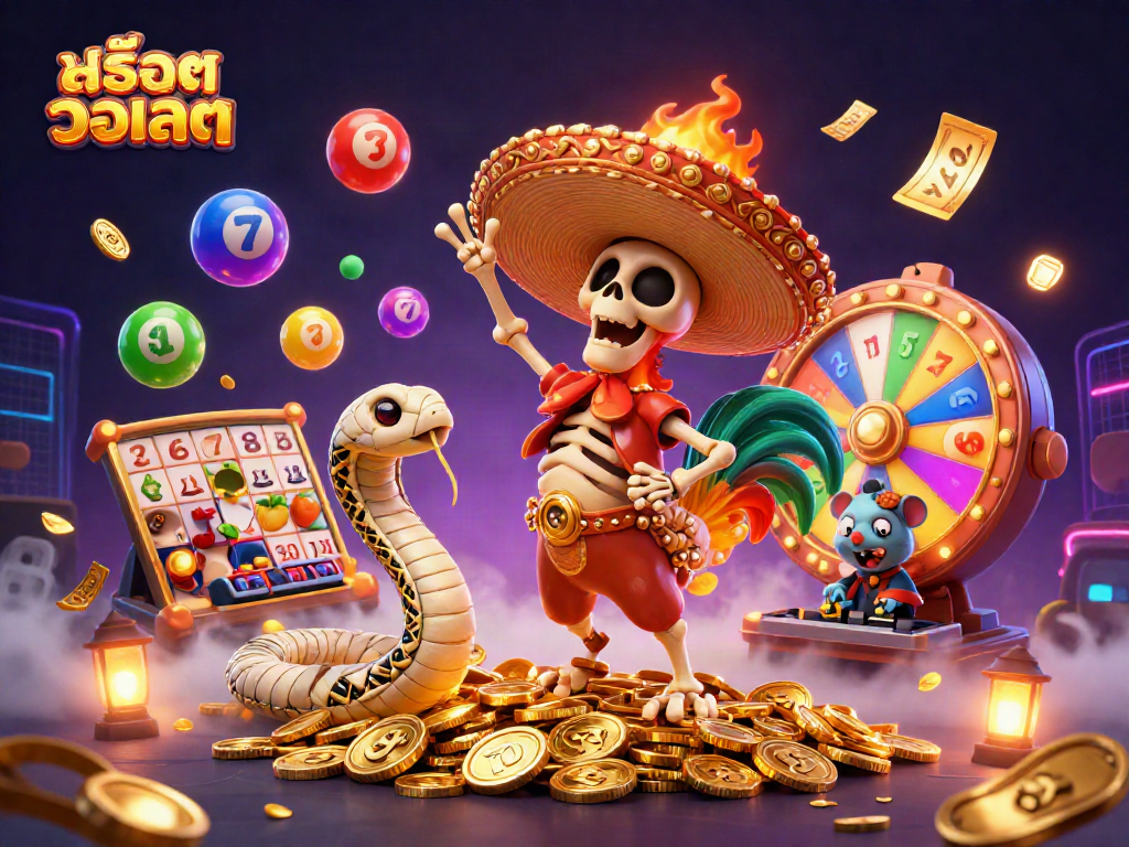 Engage with สล็อตวอเลท in an exciting 3D gaming experience featuring vibrant characters, slot reels, and colorful lottery elements.