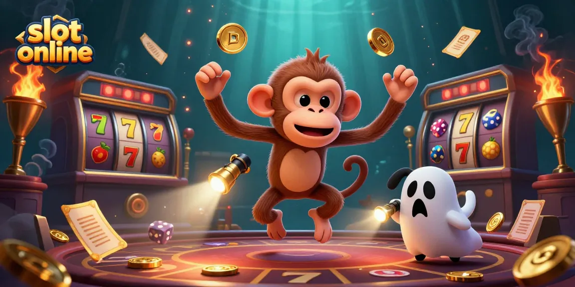 Engage with slot online excitement featuring a mischievous poltergeist monkey and a curious puppy in a dynamic casino scene.