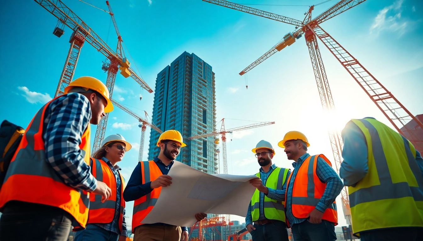 Construction association teamwork on-site, featuring workers engaging with blueprints and heavy machinery.