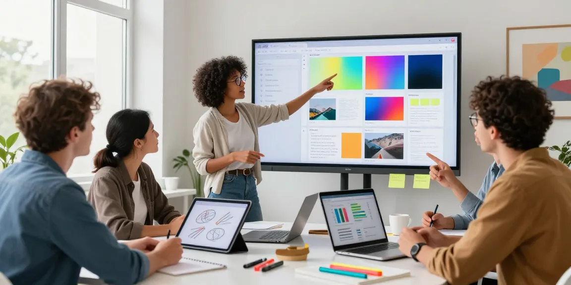 Creative professionals using mixboard ai in a bright, modern workspace for brainstorming and collaboration.