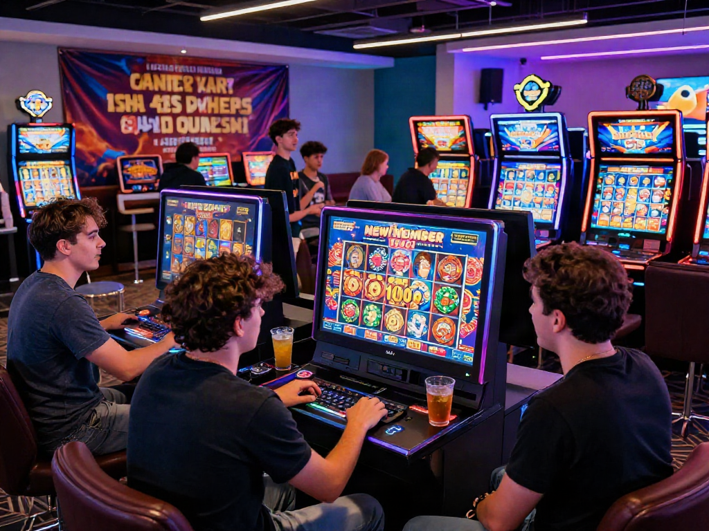Exciting scene of players enjoying the slot bonus new member 100 in a lively online casino.