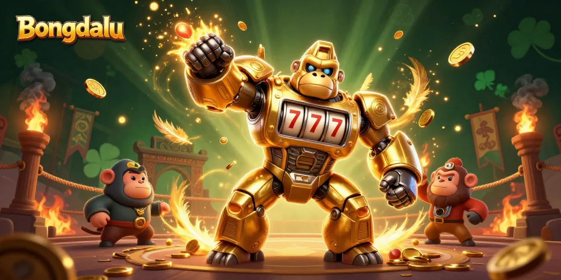 Bongdalu transforms excitement with a golden gorilla mech amidst dynamic casino elements and vibrant colors.