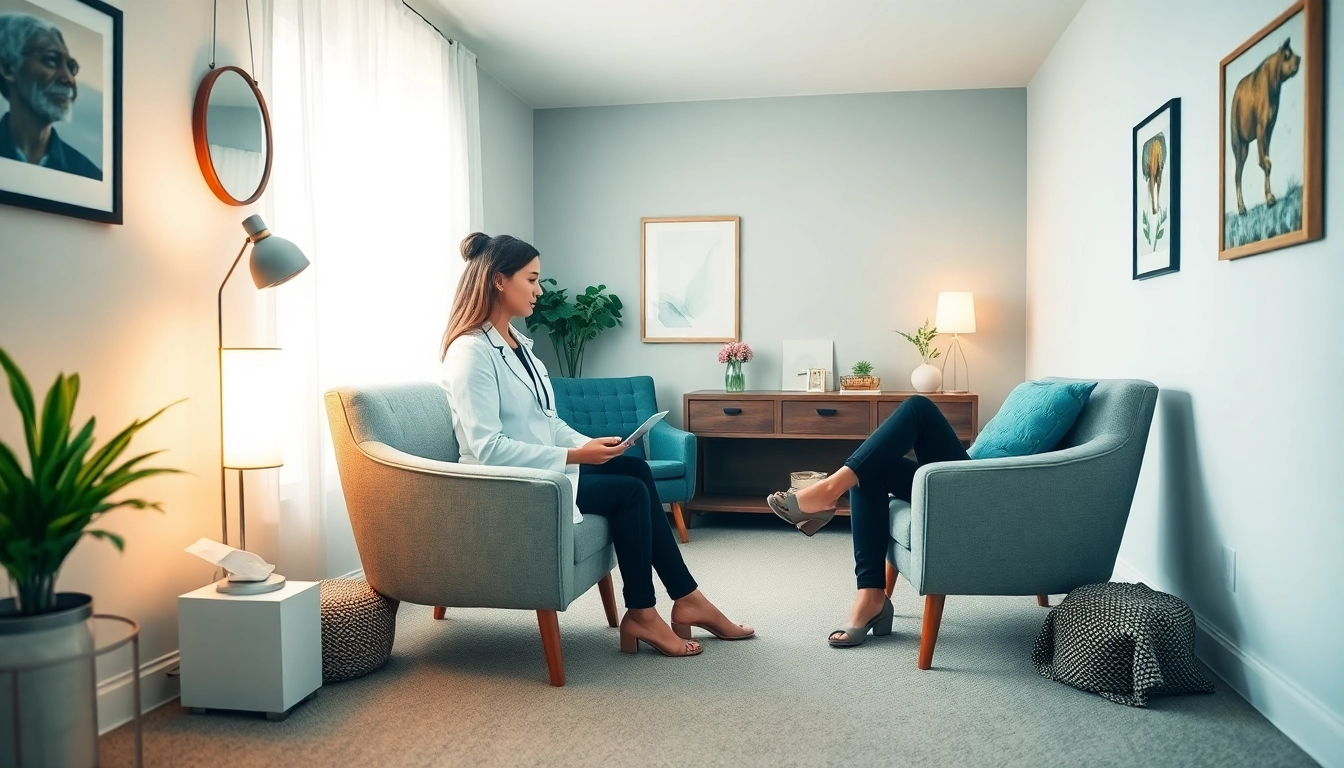 Discussing depression symptoms in a serene therapy room with a mental health professional.