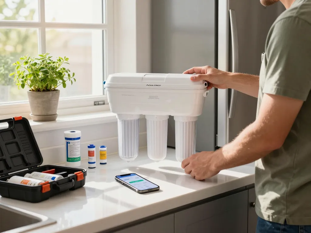 AQUA CREST 469690 ADQ36006101 Refrigerator Water Filter installation in a bright kitchen, highlighting easy home maintenance.
