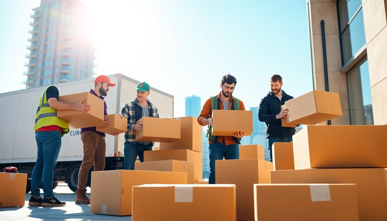 Movers efficiently handling moving services edmonton with care in a bright urban environment.
