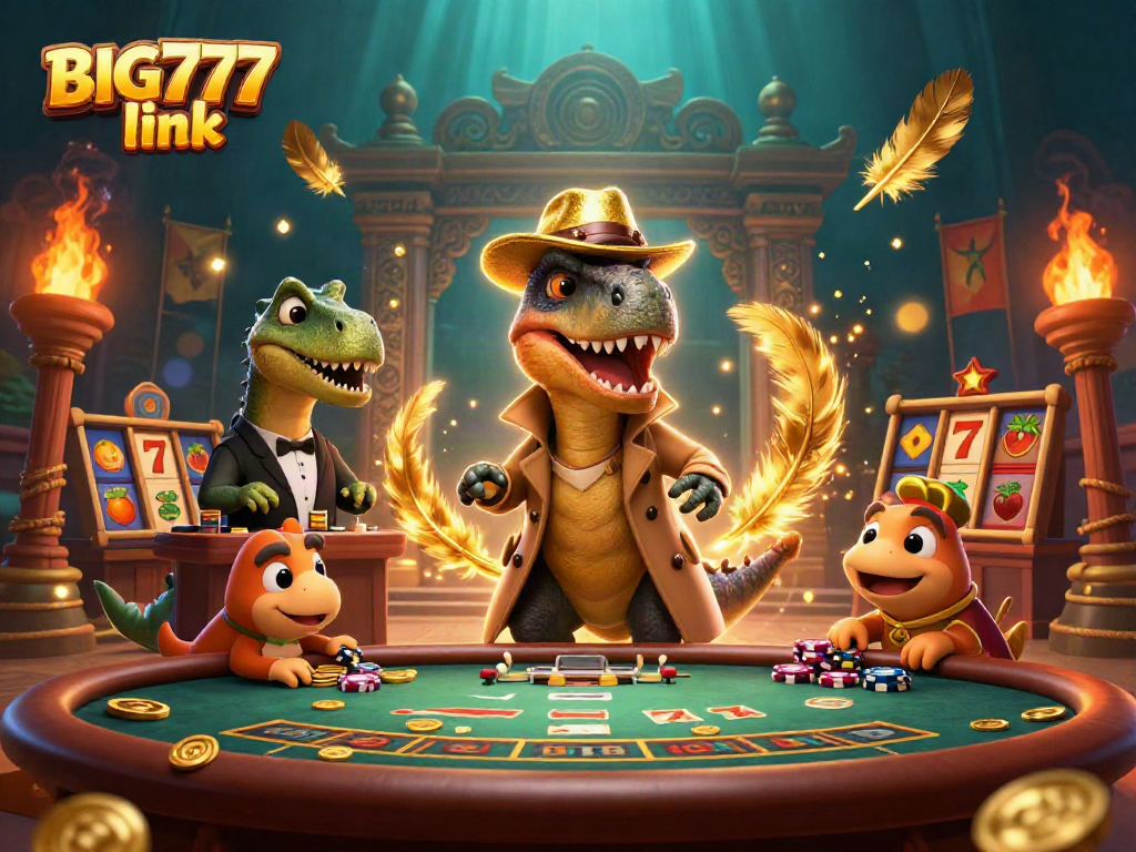 Engage with the exciting BIG777 link as a velociraptor gambles at a lively blackjack table.