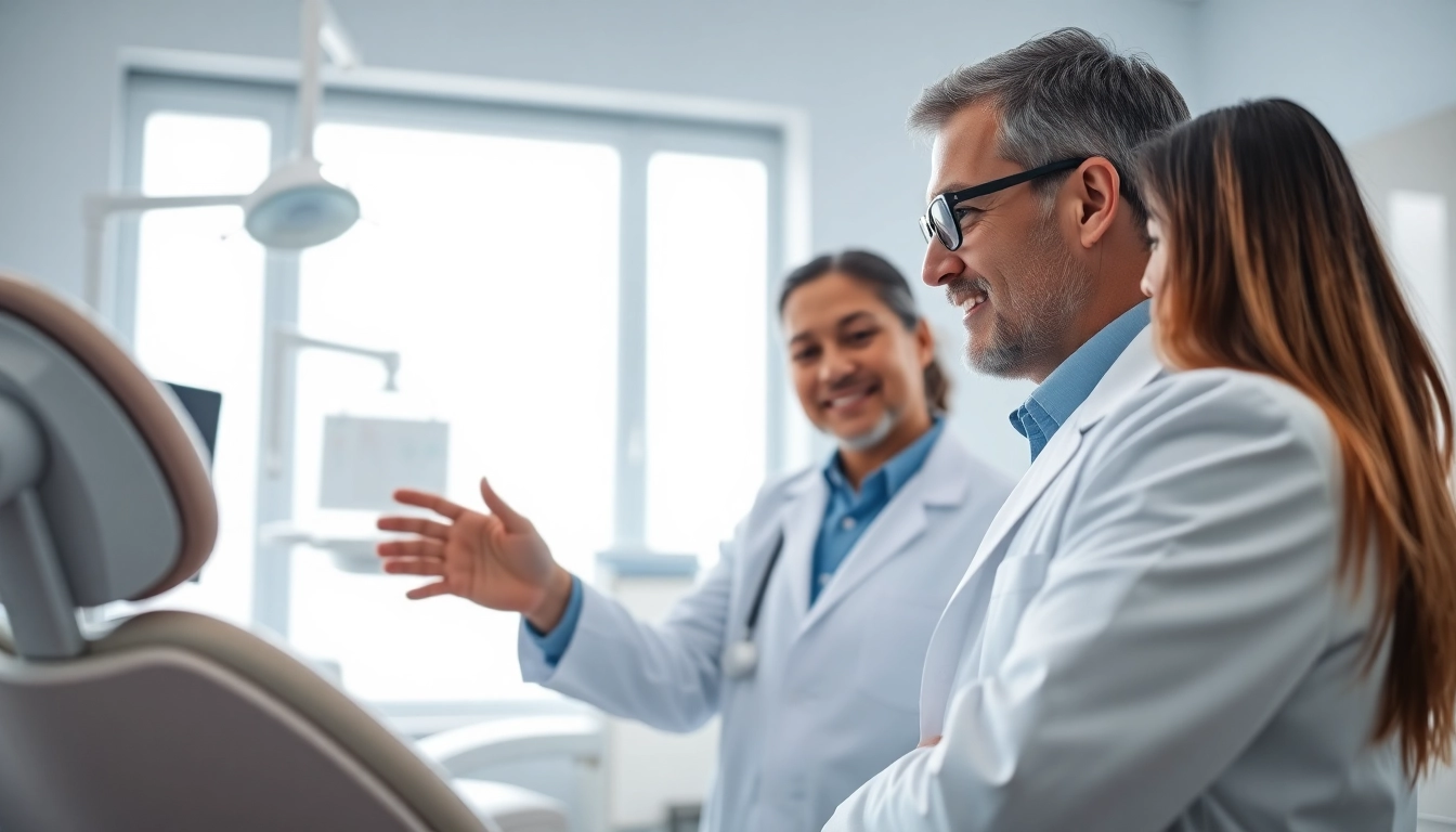 Dentist attentively explaining dental procedures to a patient in a modern clinic