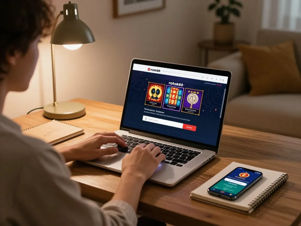 rokok88 login displayed on a laptop during online casino gaming with a cozy home setting.