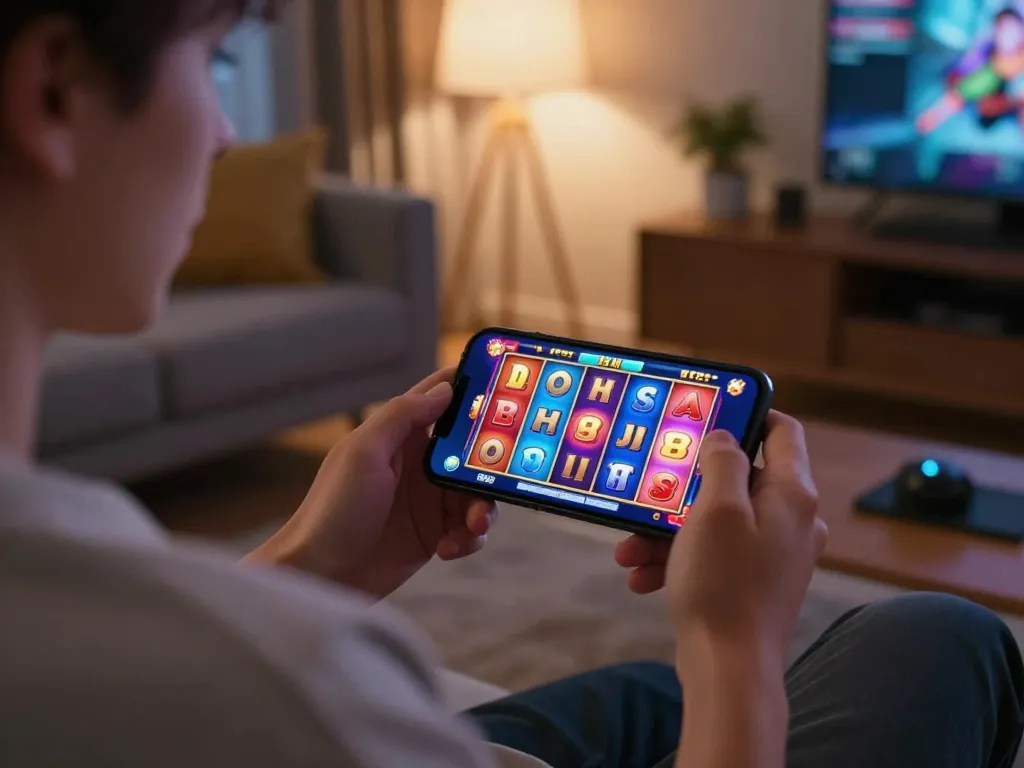 Player spinning the slot reels on a smartphone for online gaming in a cozy home