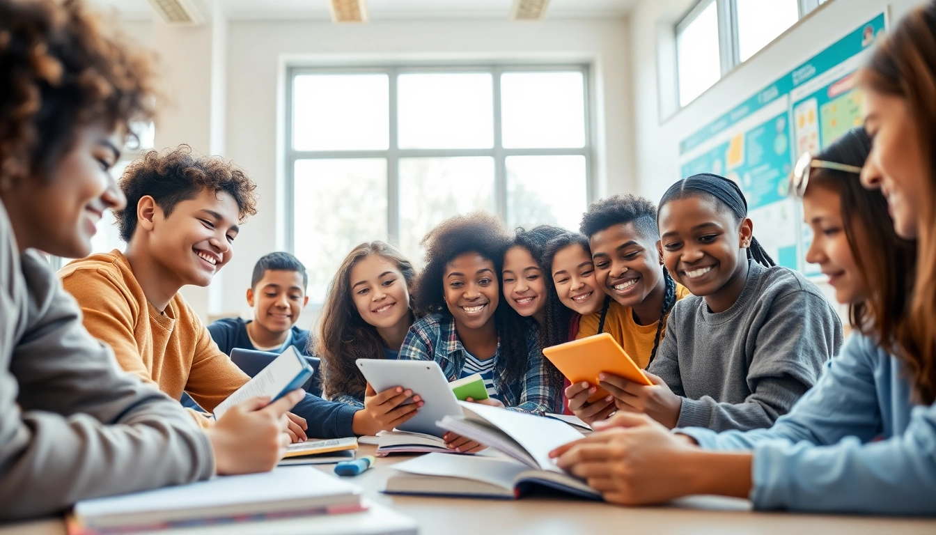 Education-focused classroom with diverse students collaborating and learning together.