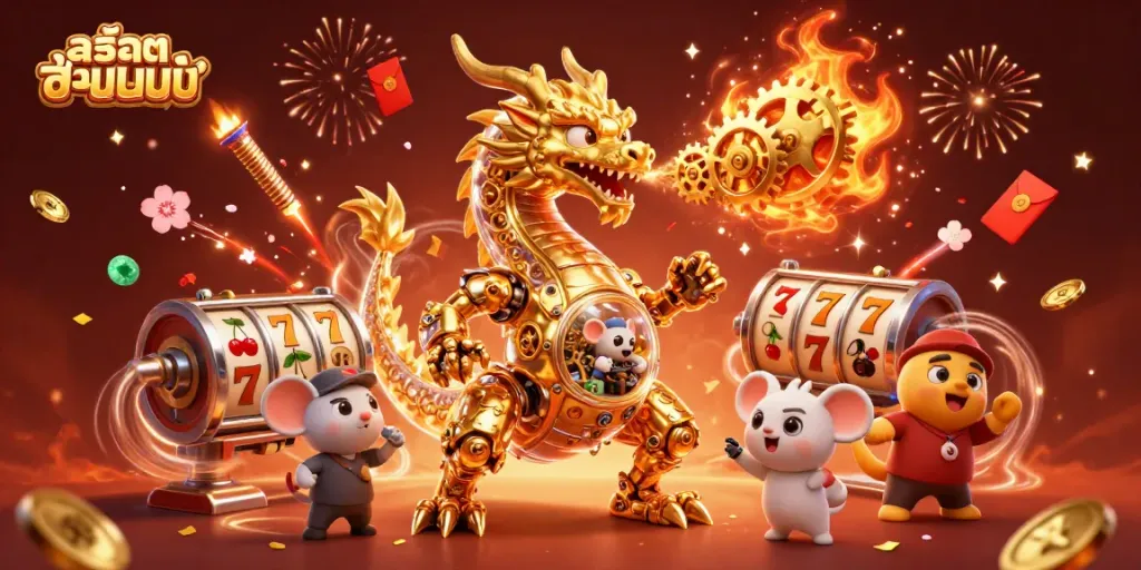 สนุกกับการเล่นสล็อตออนไลน์กับมังกรทองที่มีวงล้อและสัญลักษณ์โชคดี