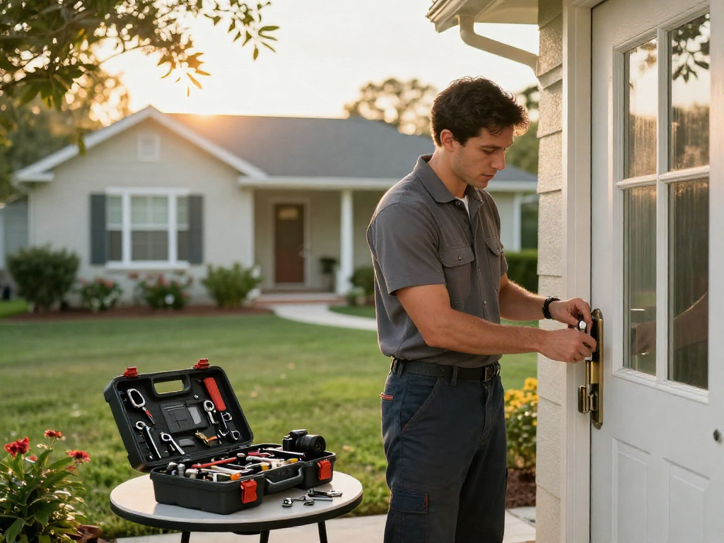 Rekey locks Port St. Lucie, locksmith rekeying a residential front door in a warm neighborhood atmosphere.