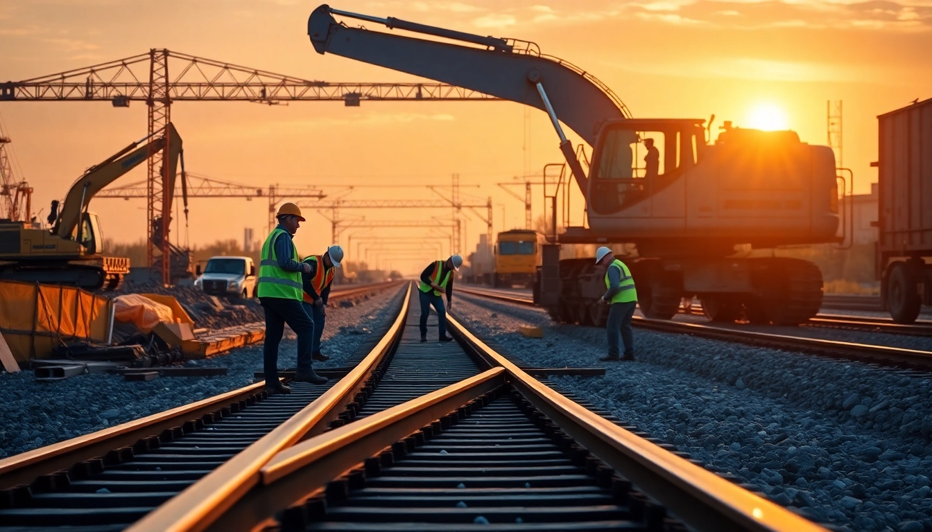 Workers engaged in Railroad Construction laying tracks on an active site.