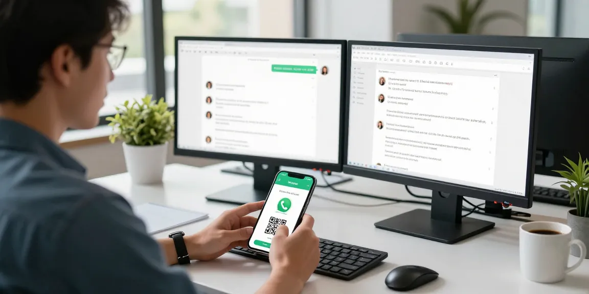 Engaging with WhatsApp電腦版 interface on desktop and mobile in a modern workspace.