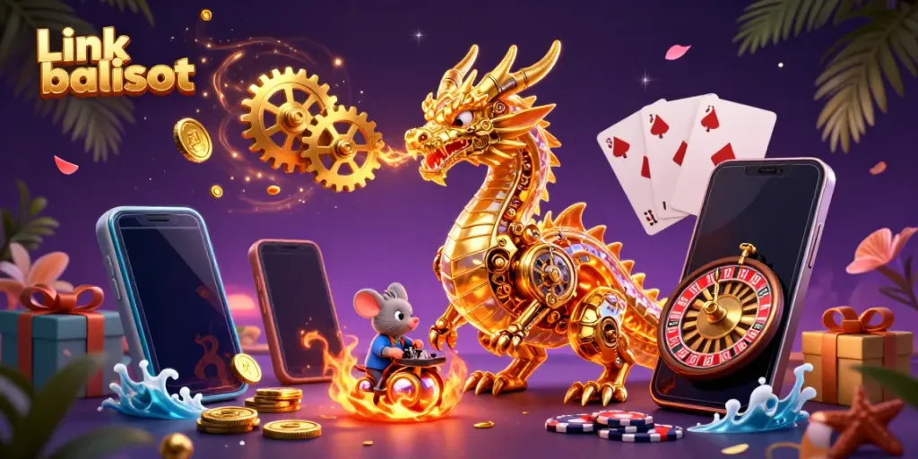 Experience excitement with Link balislot in a vibrant 3D casino scene filled with games and treasures.
