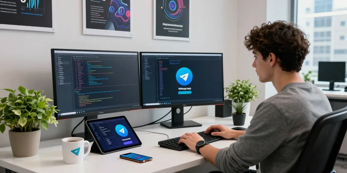 Enhanced workspace for Telegram app development, illustrating a programmer engaged with dual monitors and design tools, emphasizing telegram中文版下载.