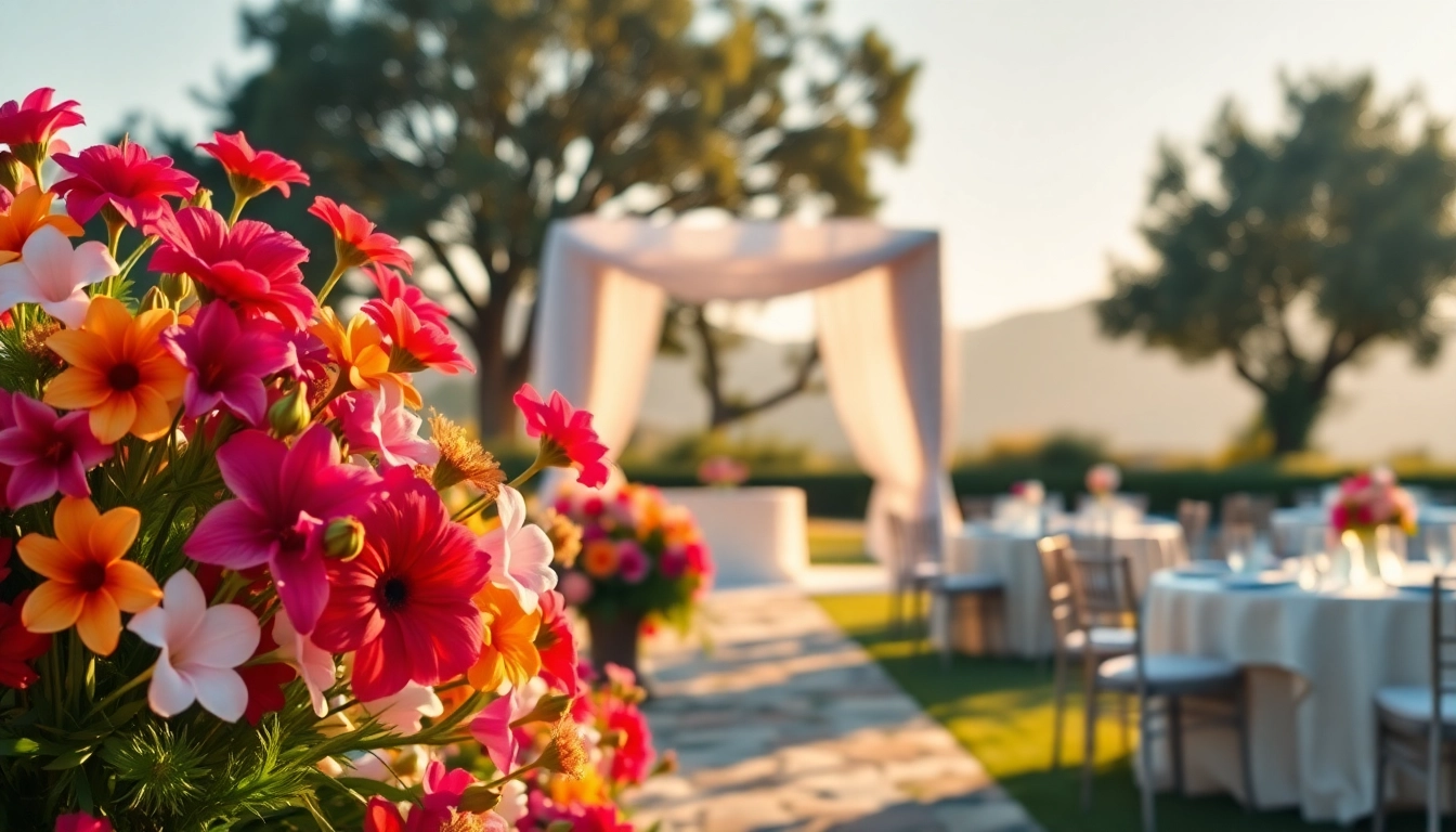 Stunning outdoor Wedding & Event Rentals setup with floral arrangements and elegant decor.
