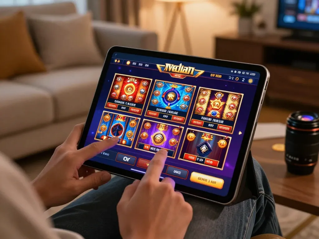 Engaging in apk slot gaming on a tablet in a cozy home environment with vibrant graphics.