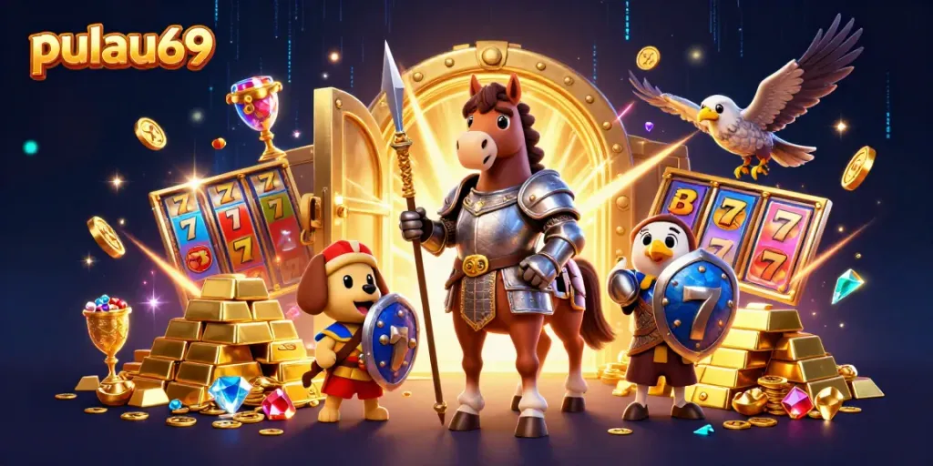 Join the excitement at pulau69 with a vibrant casino-themed illustration featuring a knight, puppy, and falcon.