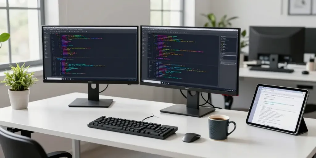 Developer coding with Notepad++ interface on dual monitors in a modern workspace.