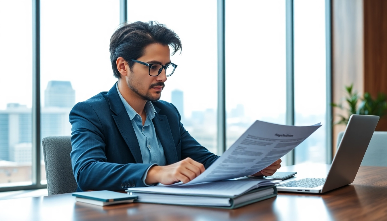 Consultant reviewing FCPA/DCAA/Flowdown/ITAR/EAR compliance regulations in a modern office setting.
