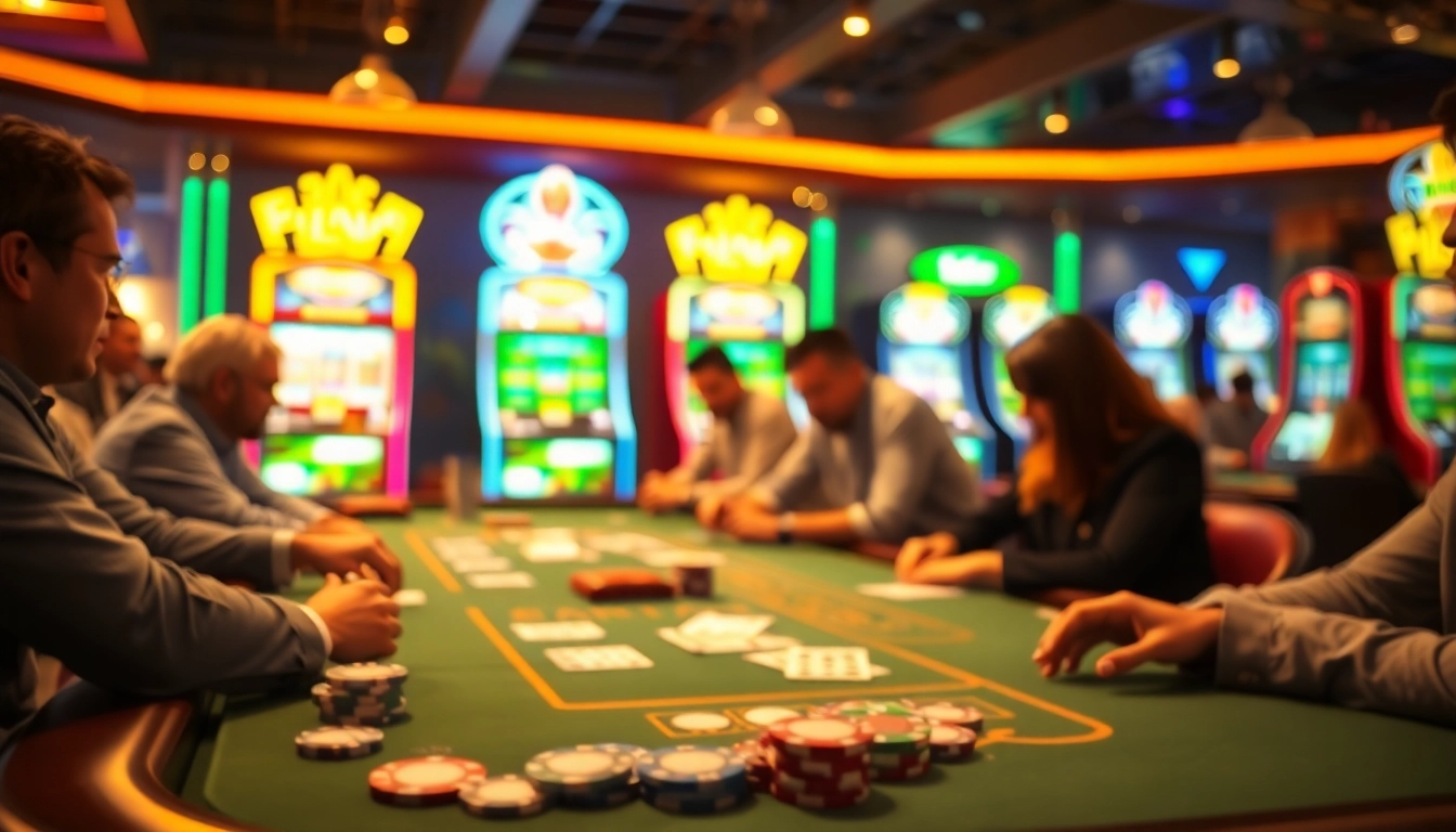 Permainan taruhan situs toto yang menarik dengan elemen kasino penuh warna dan pemain aktif.