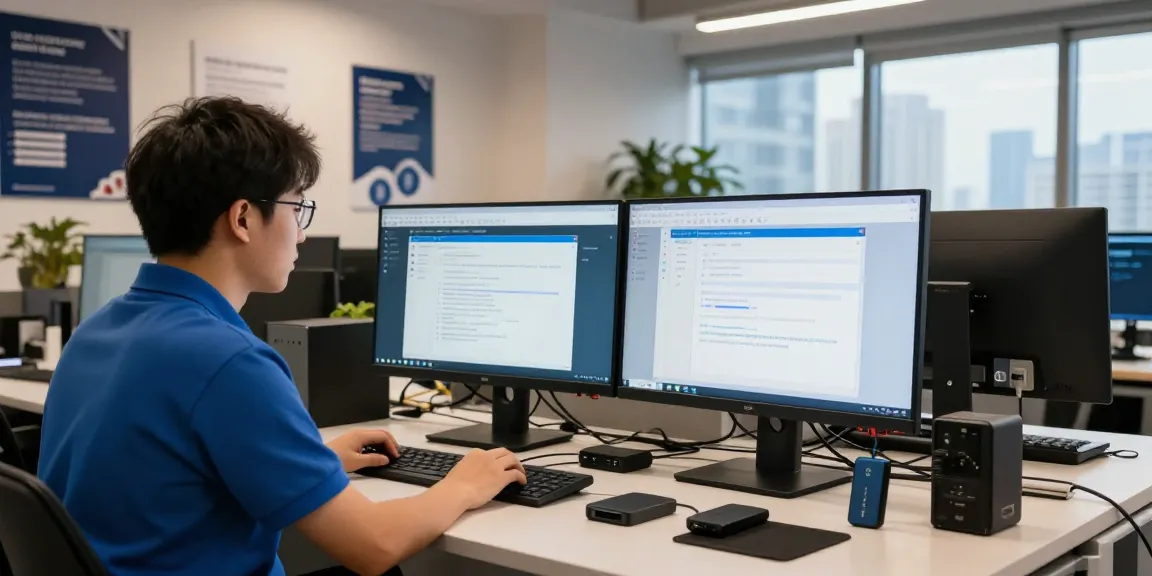 IT technician reviewing browser security settings for safe access on shs-dome5.com in modern office.