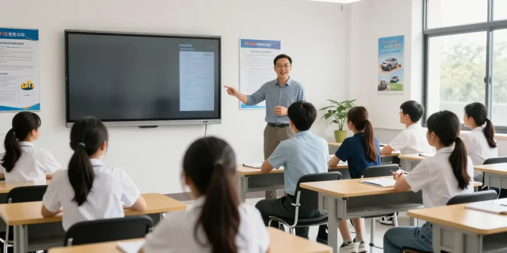 Students learning about permis de conducere chisinau in a modern driving school classroom.