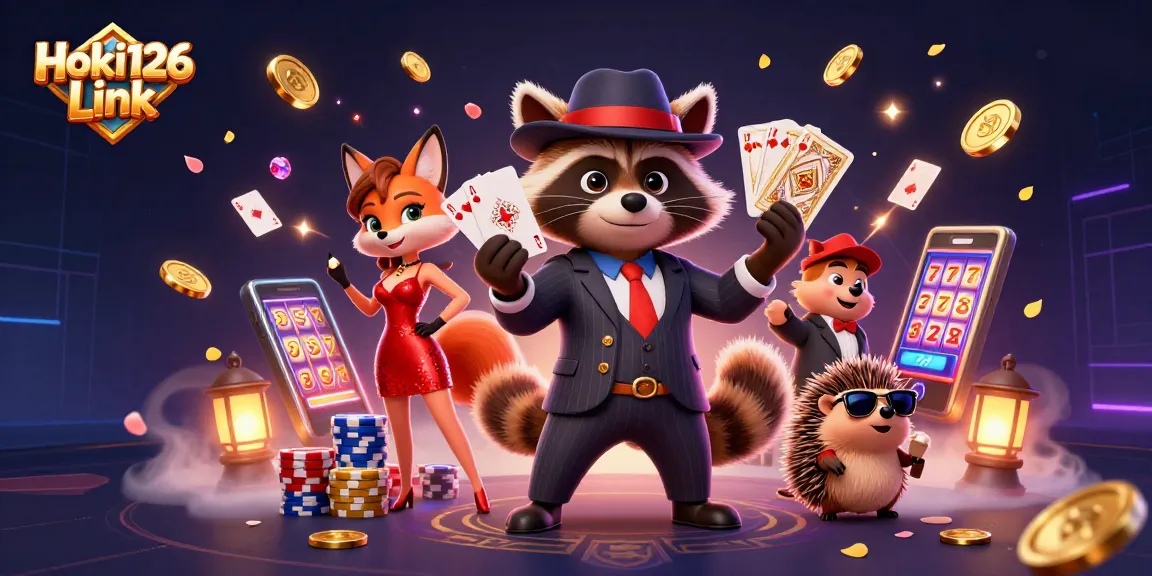 Experience the excitement of Hoki126 Link with a charismatic raccoon, a fox in sequins, and festive casino elements.