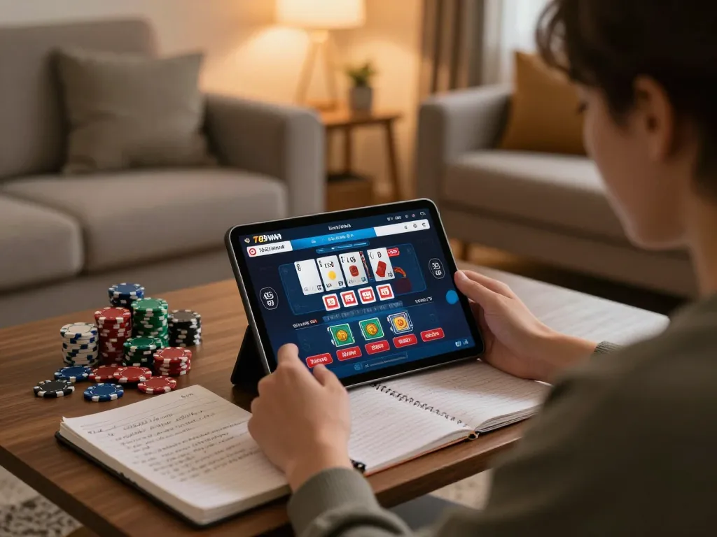 Engaging with the 789win link for online gaming, showcasing strategic planning and relaxing environment.
