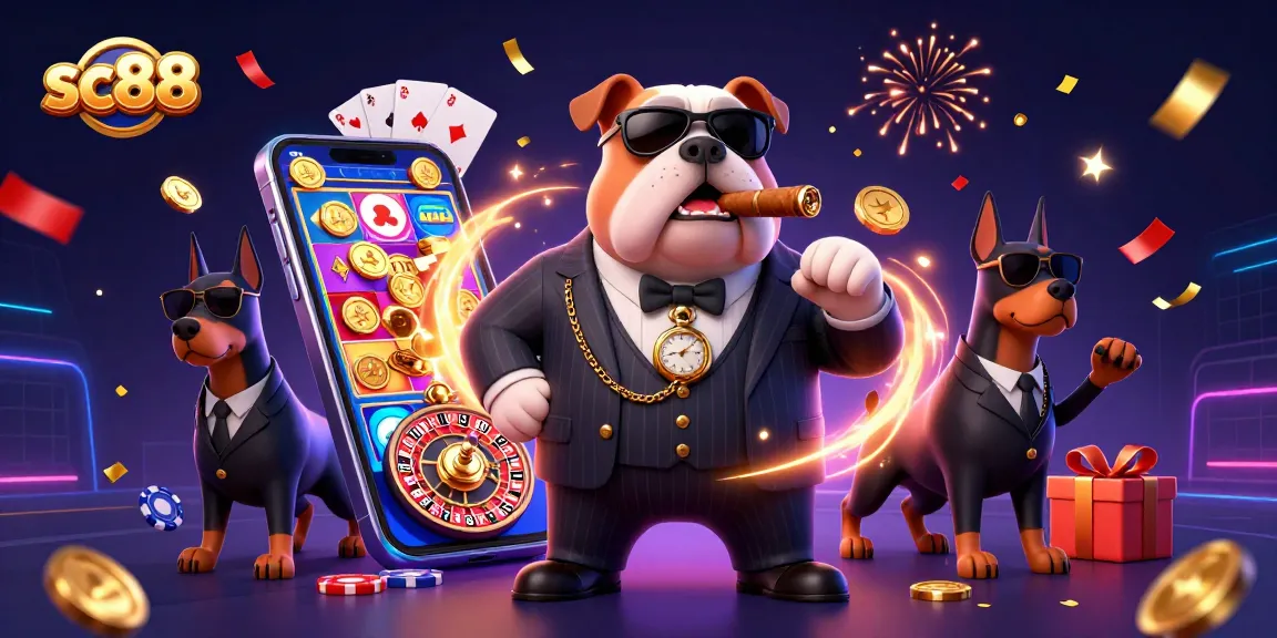Experience thrill at sc88 with a 3D bulldog boss and casino elements surrounded by vibrant games and celebrations.