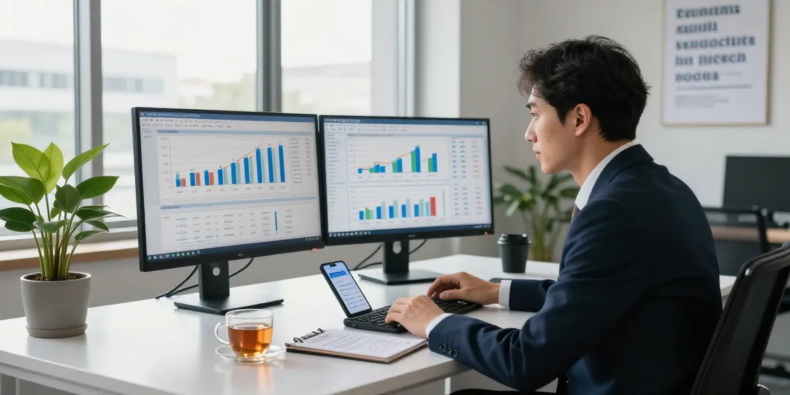 Financial consultant analyzing trends in 소액결제현금화 at a modern desk with dual screens and a motivational atmosphere.