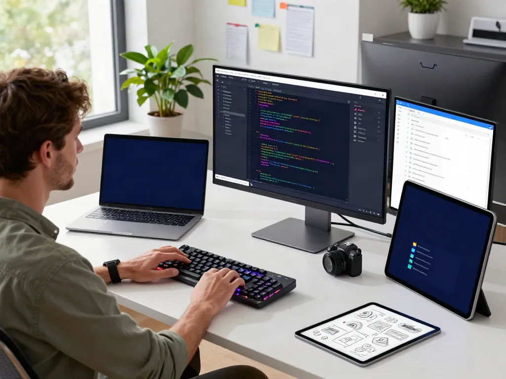 Brave software developer working in a modern tech workspace with multiple screens.