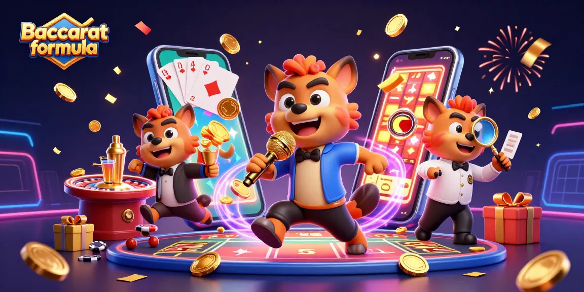 Engage with the Baccarat formula showcasing hyenas in a comical casino scene filled with vibrant gaming elements.