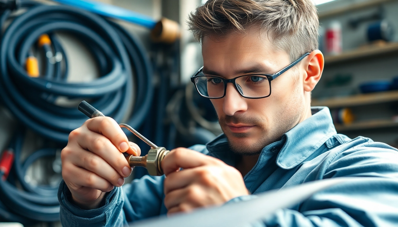 Technician performing hydraulic hose repair in a well-lit workshop, showcasing expertise and precision in repairs.