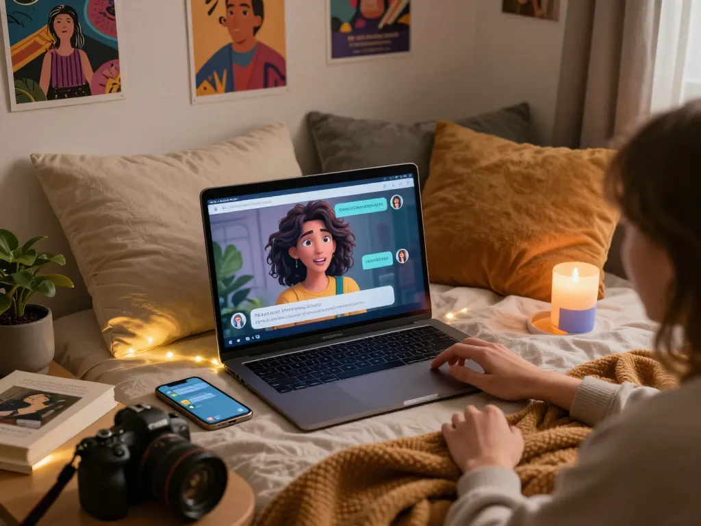 AI chat porn experience in a cozy bedroom, featuring user engagement with animated NSFW character on laptop screen.