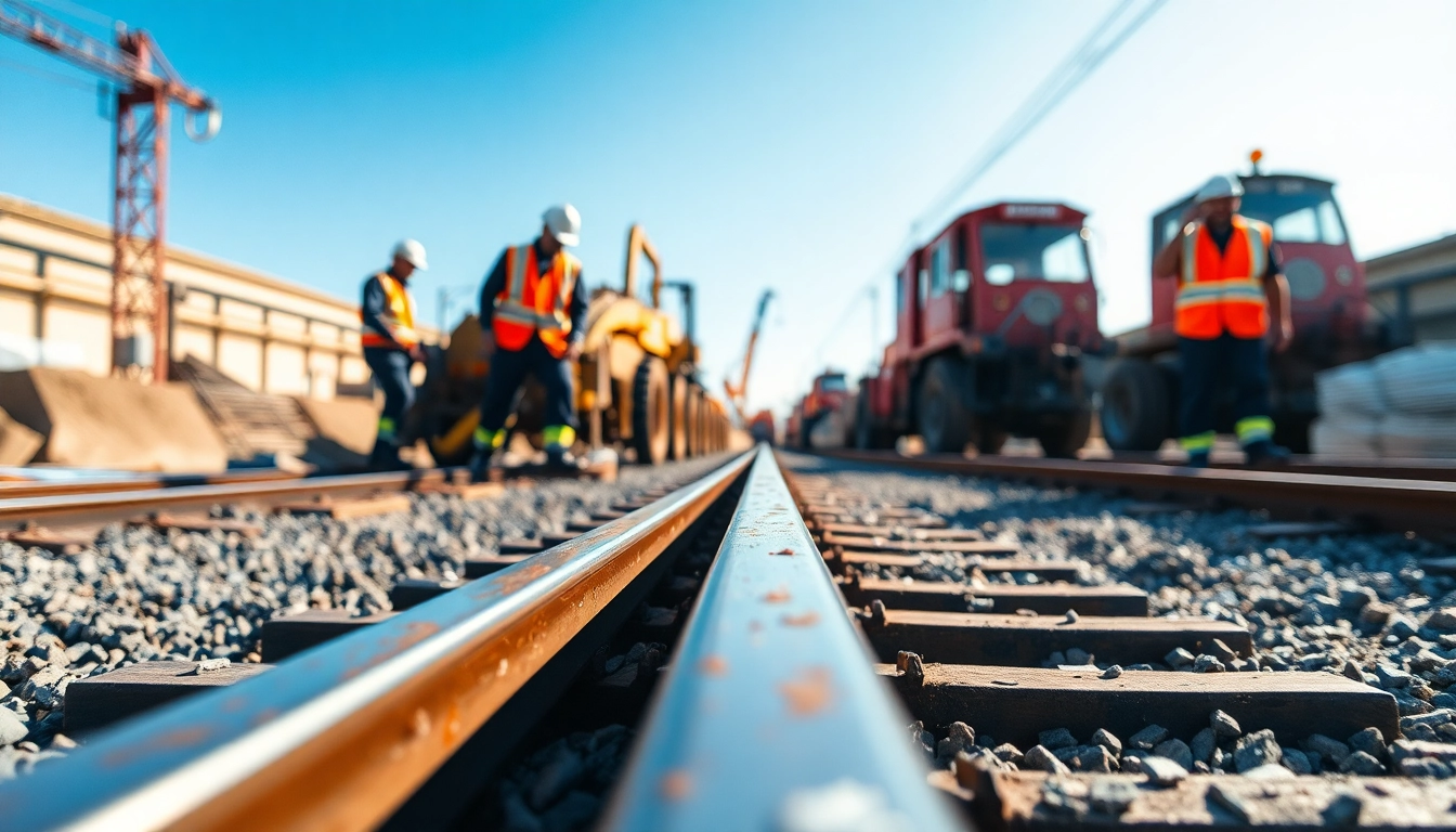 Workers performing railroad construction, positioning tracks with heavy machinery in the foreground.