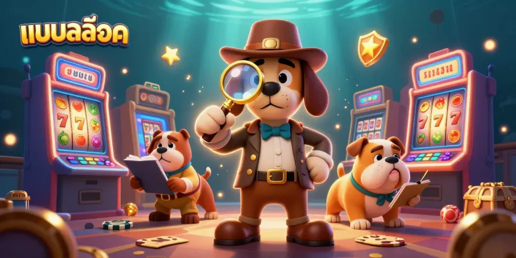Play the แบบสล็อต with golden poker chip clues in a vibrant casino scene