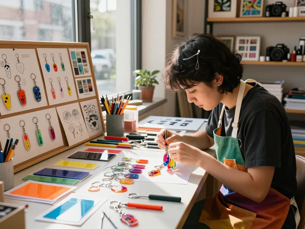 Artist crafting custom acrylic keychains in a vibrant urban studio.