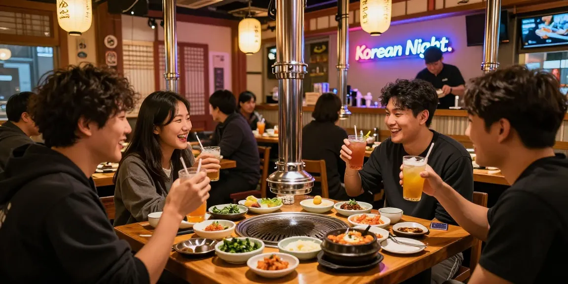 Vibrant nightlife at 상봉동 한국관나이트 featuring friends enjoying Korean barbecue dishes in a cozy restaurant setting.
